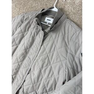 DKNY Womens Quilted Jacket Longline Bomber tan Gray XL Zip Snap Coat Streetwear